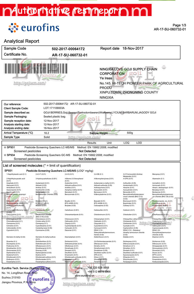 Natuurlijk gecertificeerd GOJI BERRY eurofins Natural Certificated GOJI BERRY eurofins